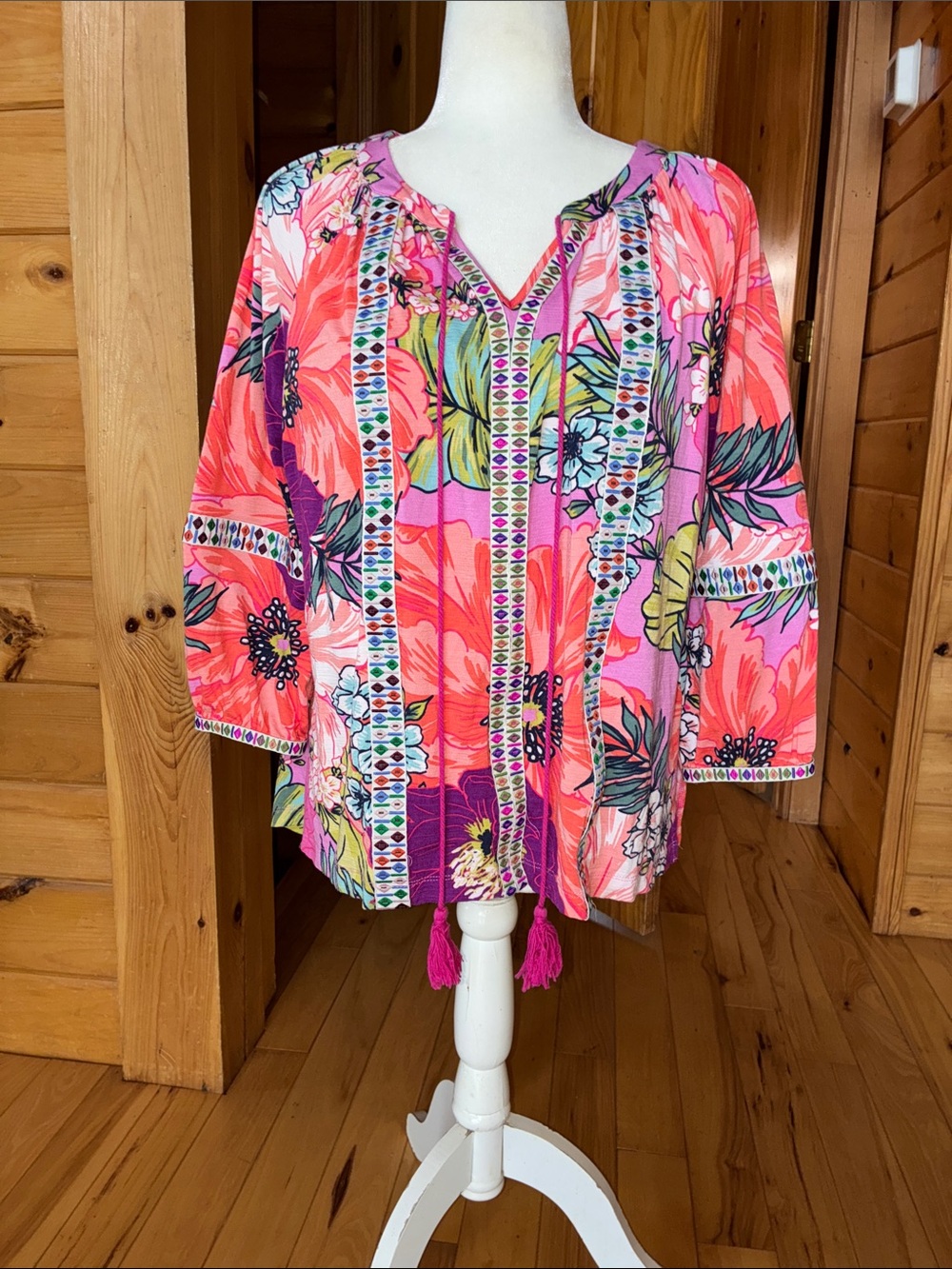Tropical floral tassle tie long sleeve top